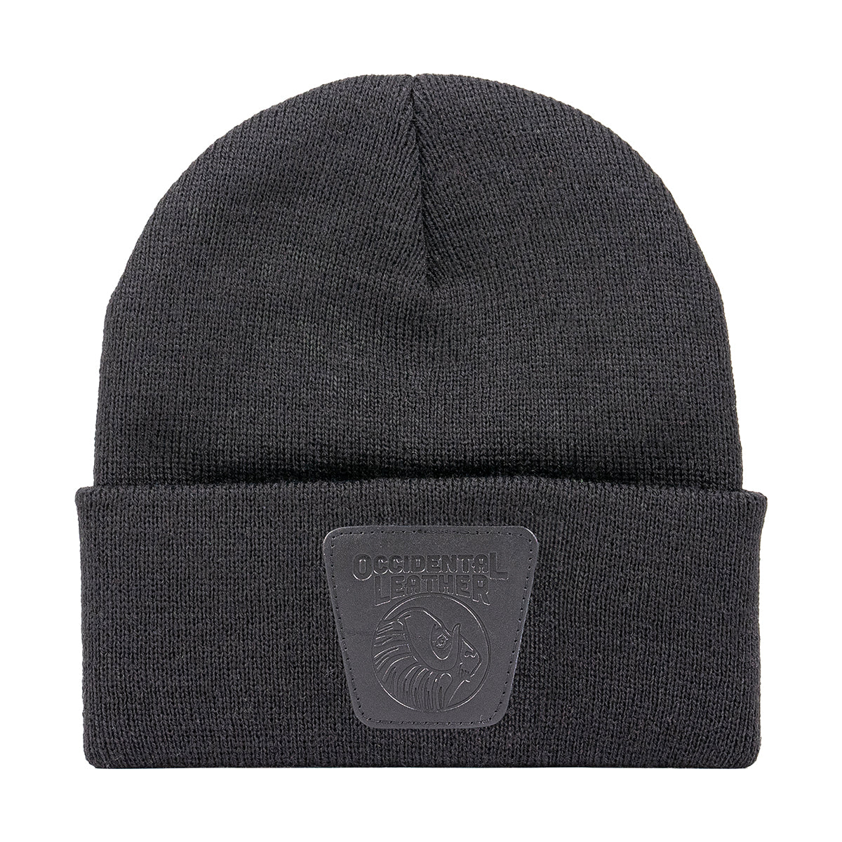 Black beanie with a leather patch on a white background
