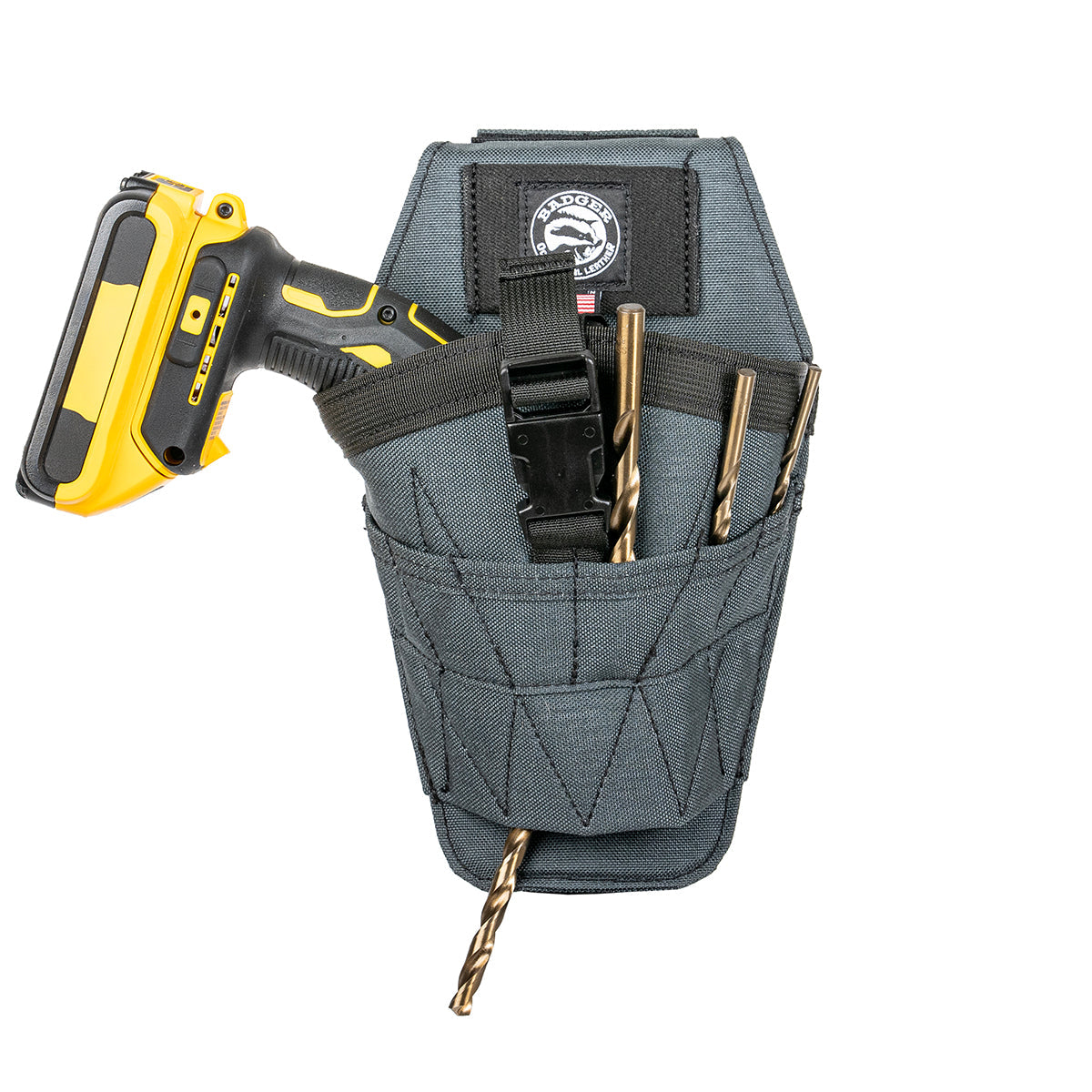 Badger Drill Holster, gunmetal, with drill and bits inside view
