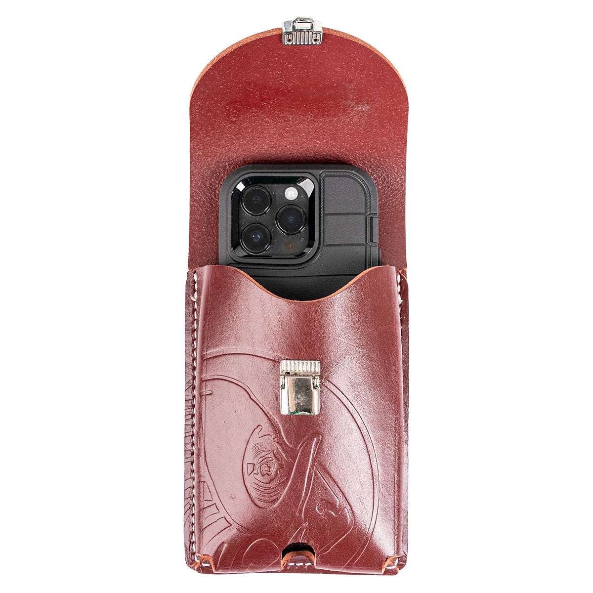 Belt-Worn XXL Leather Phone Holster, red, open with phone made in the USA by Occidental Leather