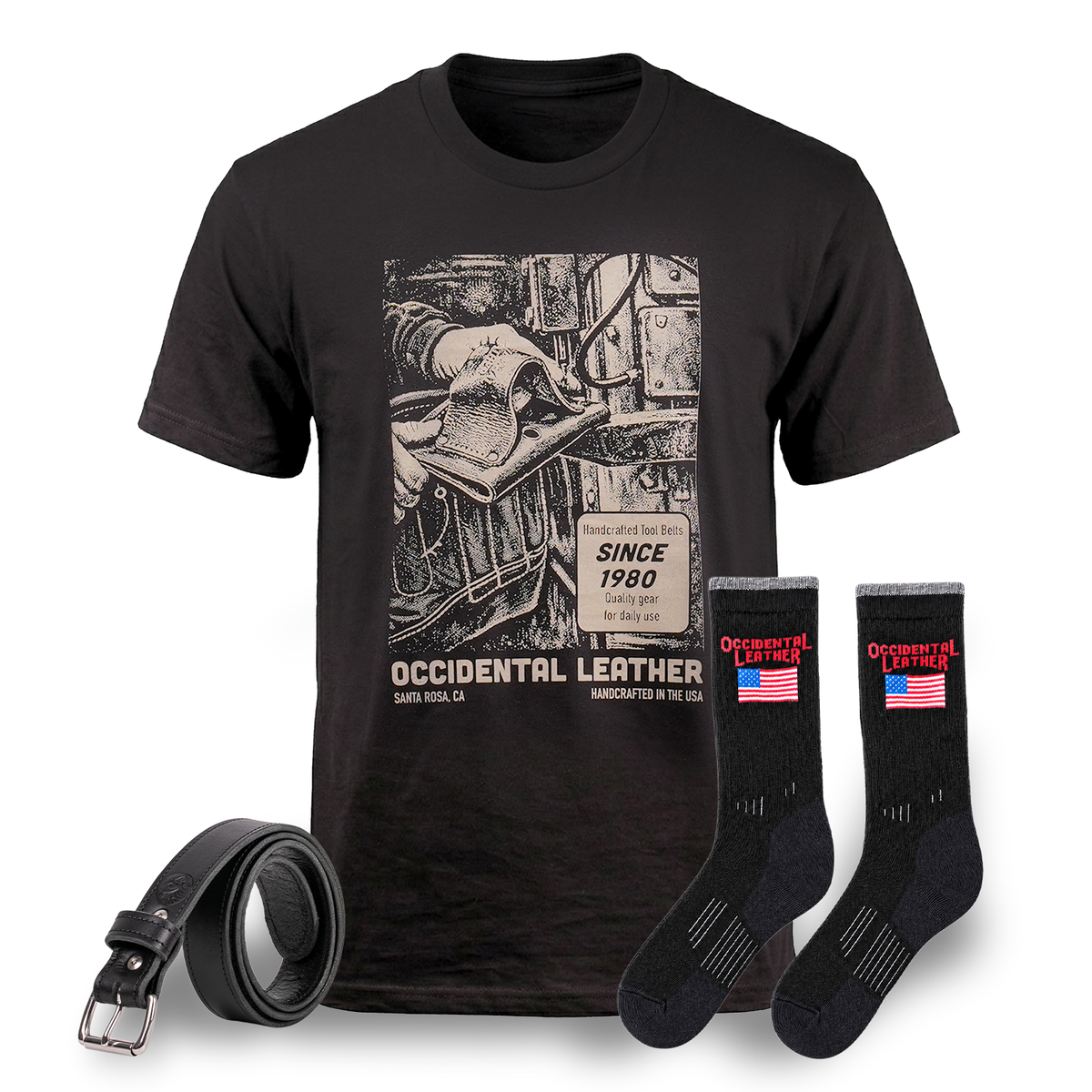 Black t-shirt with graphic design, black belt, and black socks with American flag design on a white background