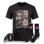 Black t-shirt with graphic design, black belt, and black socks with American flag design on a white background