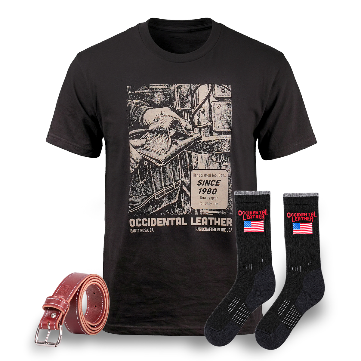 Black t-shirt with graphic design, red belt, and black socks with American flag design on a white background