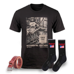 Black t-shirt with graphic design, red belt, and black socks with American flag design on a white background