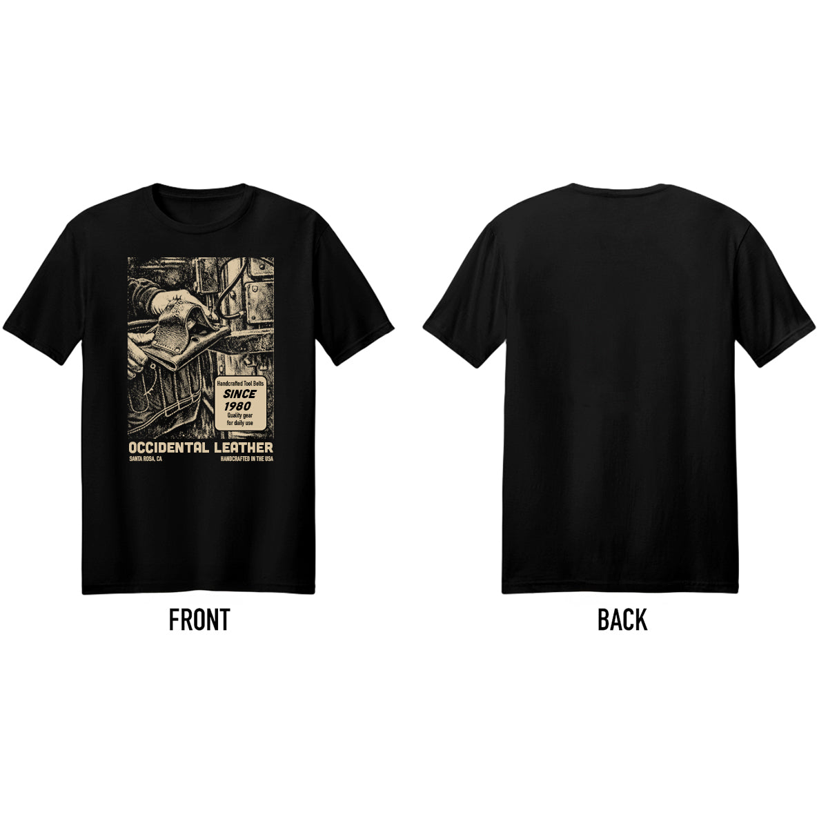 Black t-shirt with graphic design on the front and plain back, featuring 'Occidental Leather' branding.