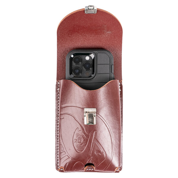Clip-On XXL Leather Phone Holster, red, open with phone made in the USA by Occidental Leather