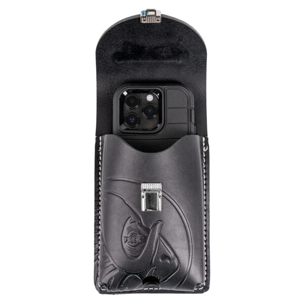 Clip-On XXL Leather Phone Holster, black, open with phone made in the USA by Occidental Leather